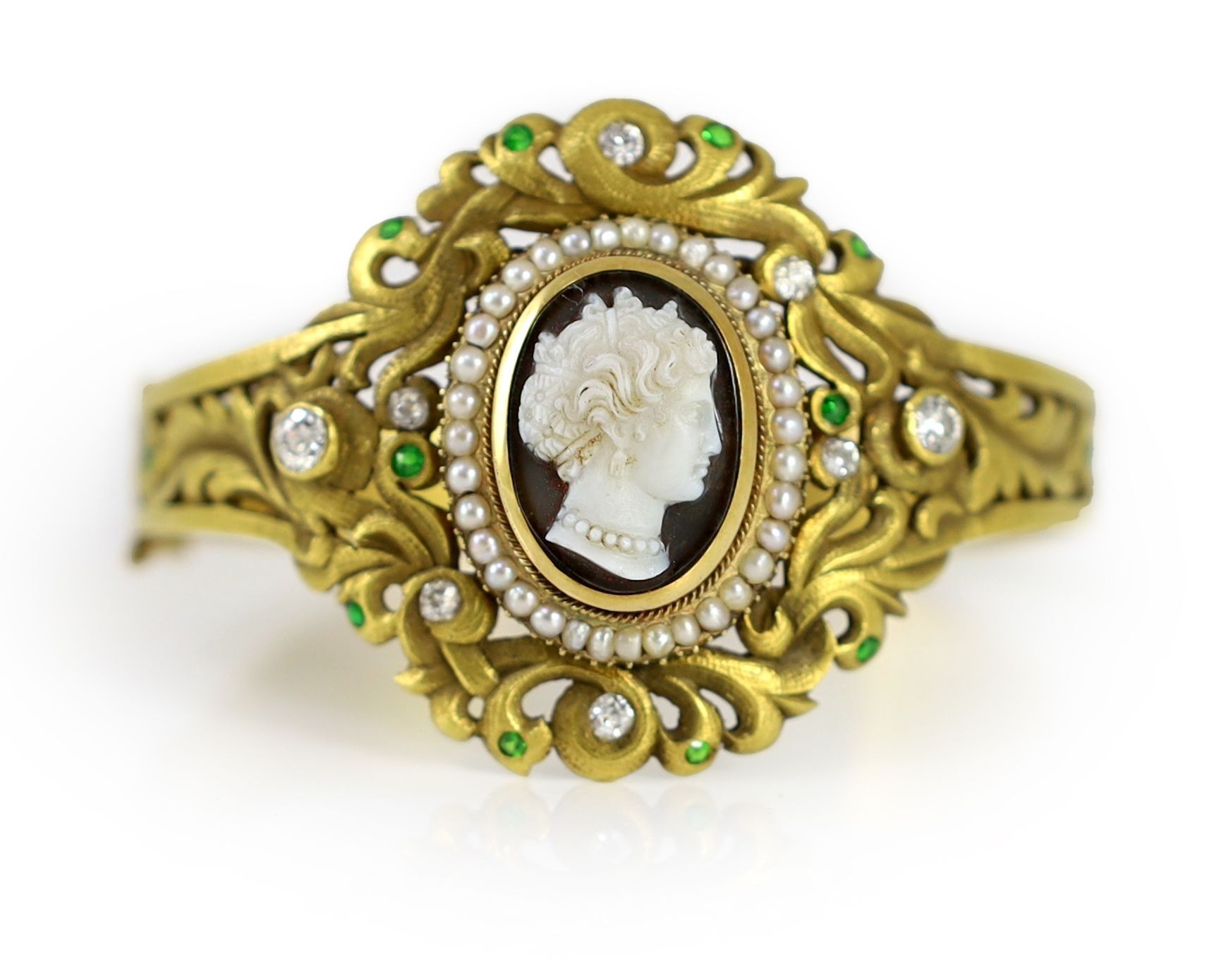 A Victorian gold, sardonyx cameo, split pearl, diamond and demantoid garnet set hinged bangle